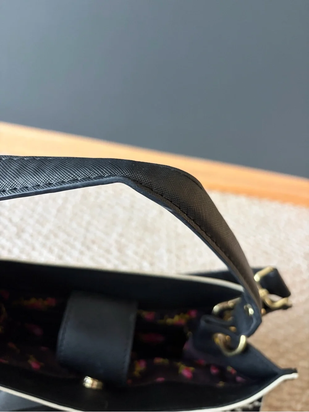 Betsey Johnson Black and Cream Floral Bow-Front Top Handle Satchel